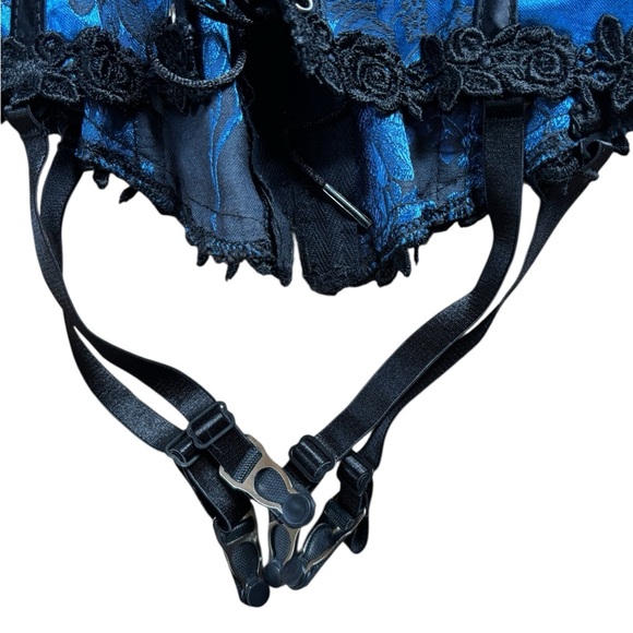 Shirley Of Hollywood Corset 32” Garters Lace Up Hook Eye Back Blue Black Floral - Picture 2 of 6